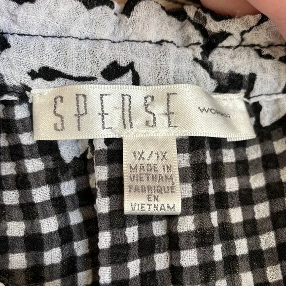1X Spense - black and white gingham blouse, gathered neckline bell sleeves - Picture 5 of 7